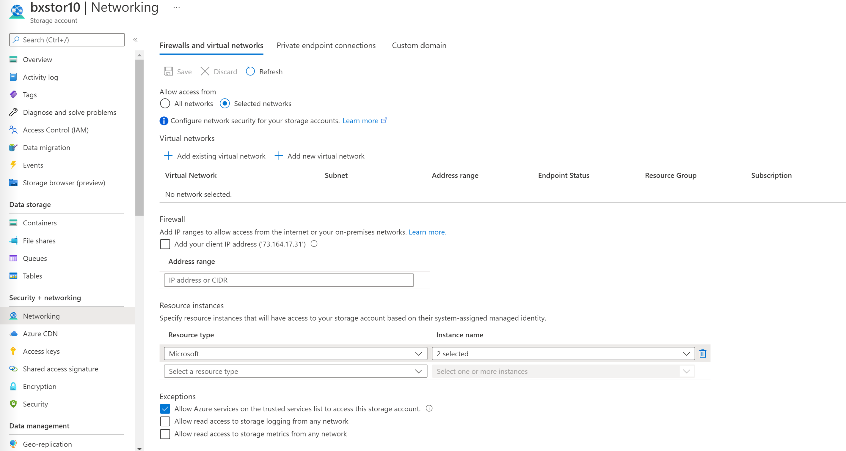 Screenshot der Azure Storage-Netzwerkeinstellungen mit Ressourcentyp und Instanznamen.