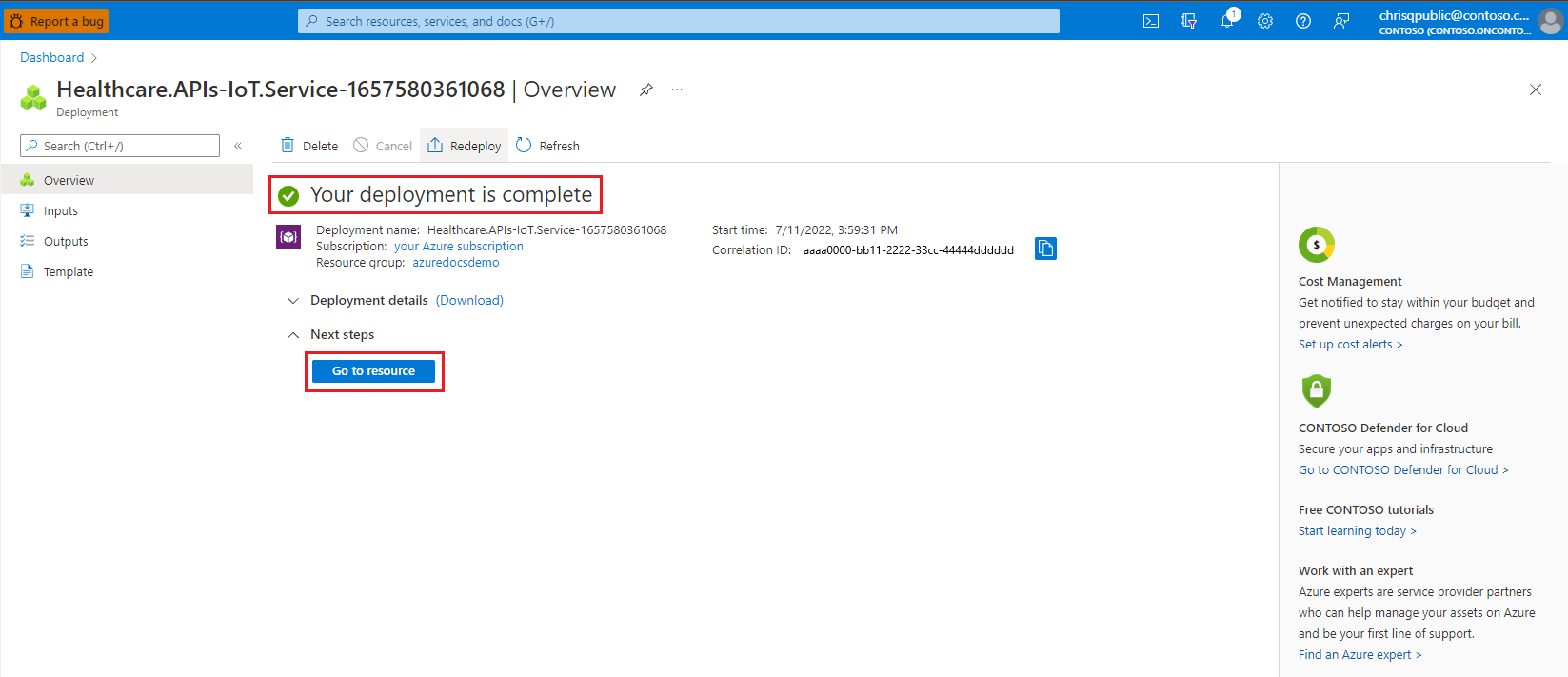 Screenshot of the MedTech service deployment completion.