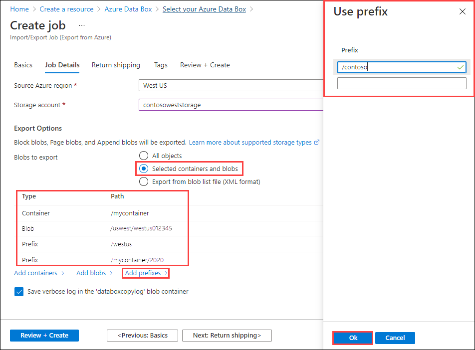 Screenshot mit ausgewählten Containern und Blobs für einen neuen Azure Import/Export-Exportauftrag im Portal.