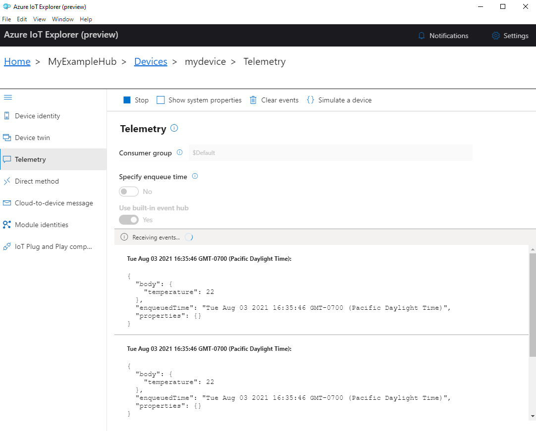 Screenshot: Gerätetelemetrie in IoT Central