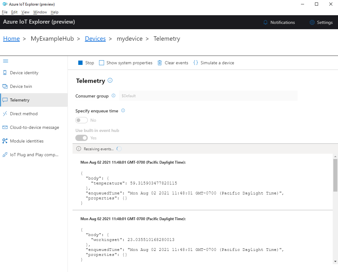 Screenshot: Gerätetelemetrie in IoT Central