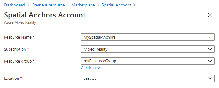Screenshot: Spatial Anchors-Bereich zum Erstellen einer Ressource