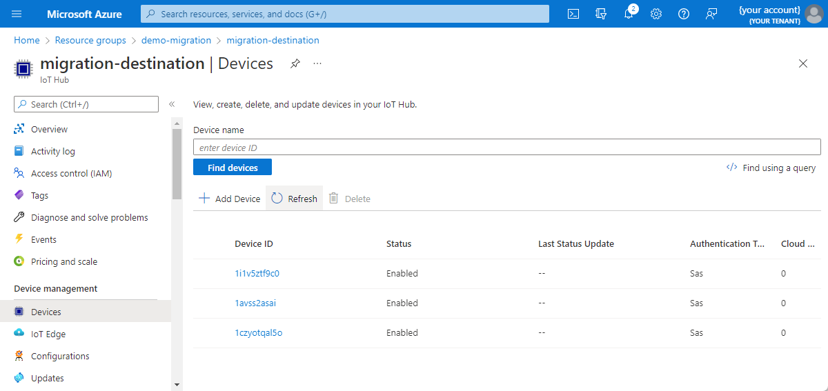 Screenshot of IoT Hub in the Azure portal that shows the provisioned devices.