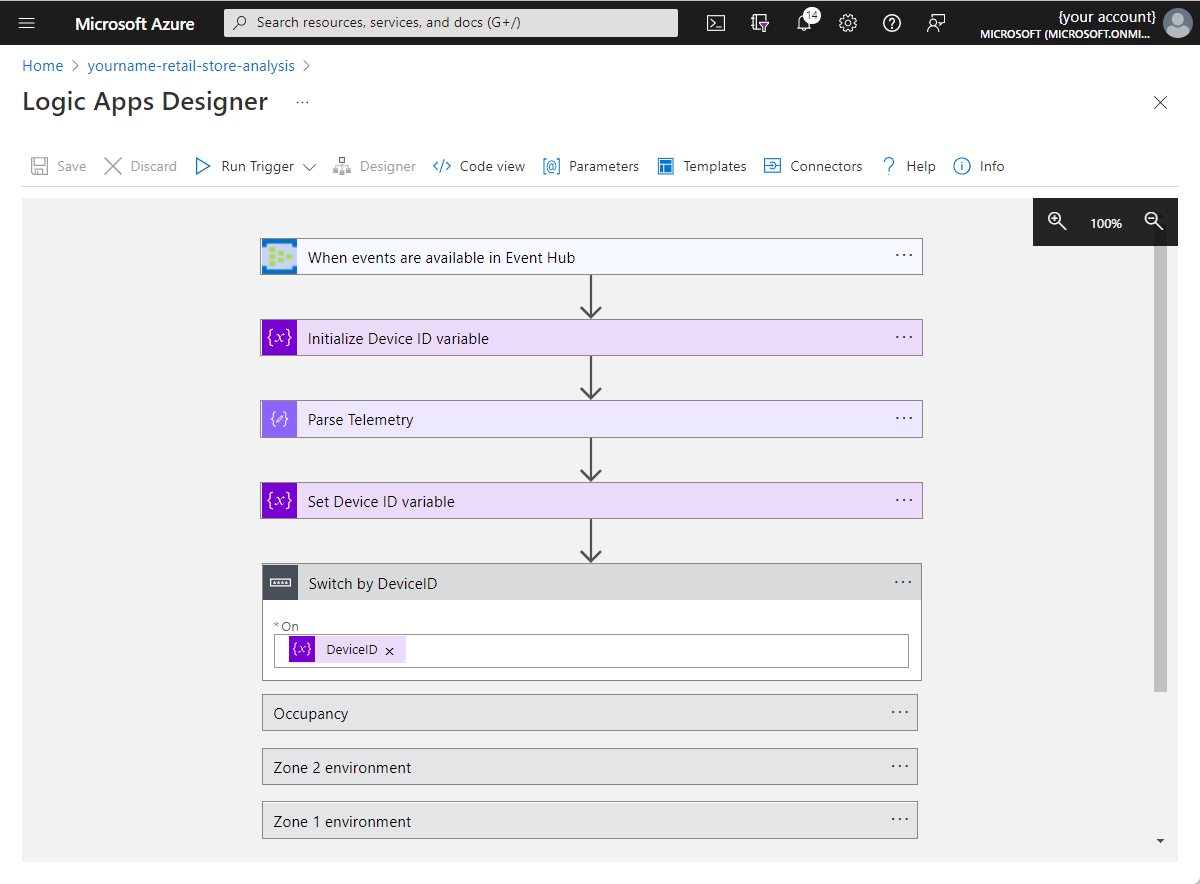 Screenshot des Designers für Logik-Apps im Azure-Portal mit der anfänglichen Logik-App.