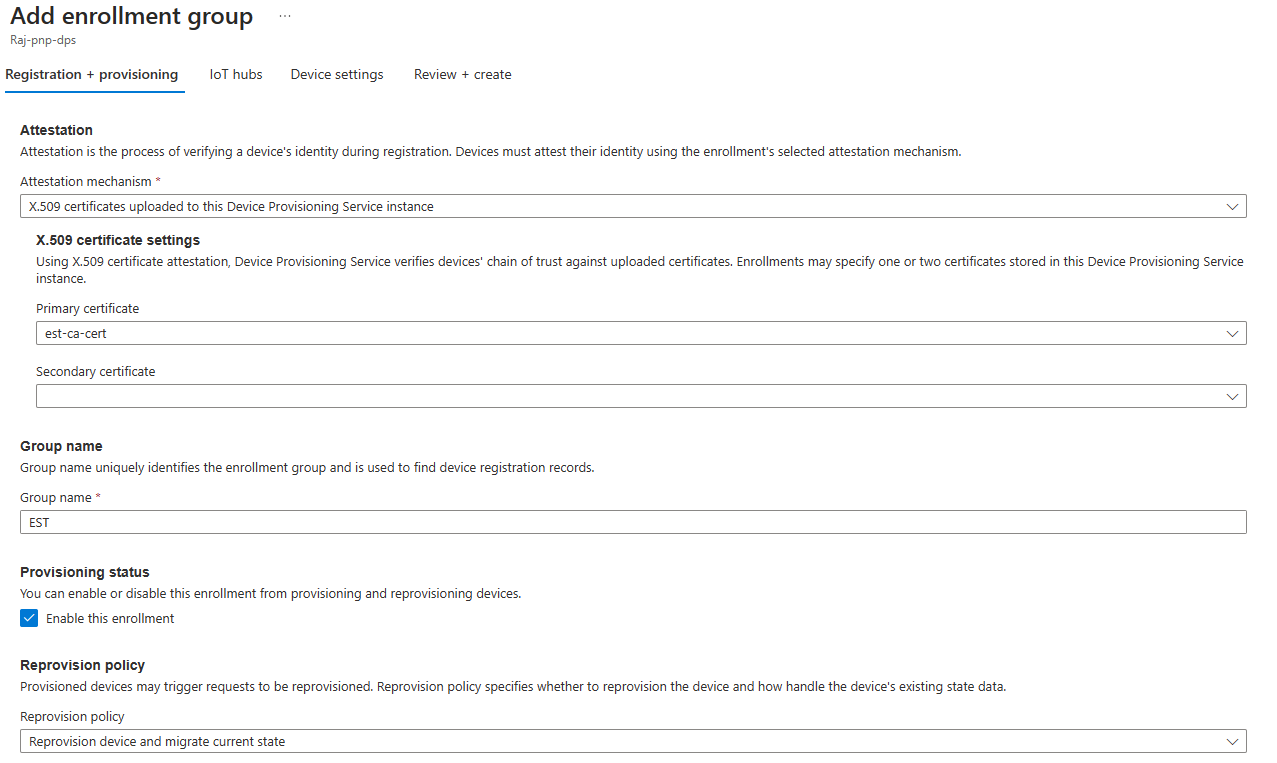 Ein Screenshot, in dem eine DPS-Registrierungsgruppe über das Azure-Portal hinzugefügt wird