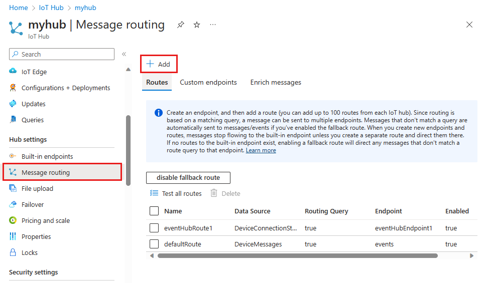 Screenshot der Position der Schaltfläche „Hinzufügen“ zum Hinzufügen einer neuen Route in Ihrem IoT-Hub