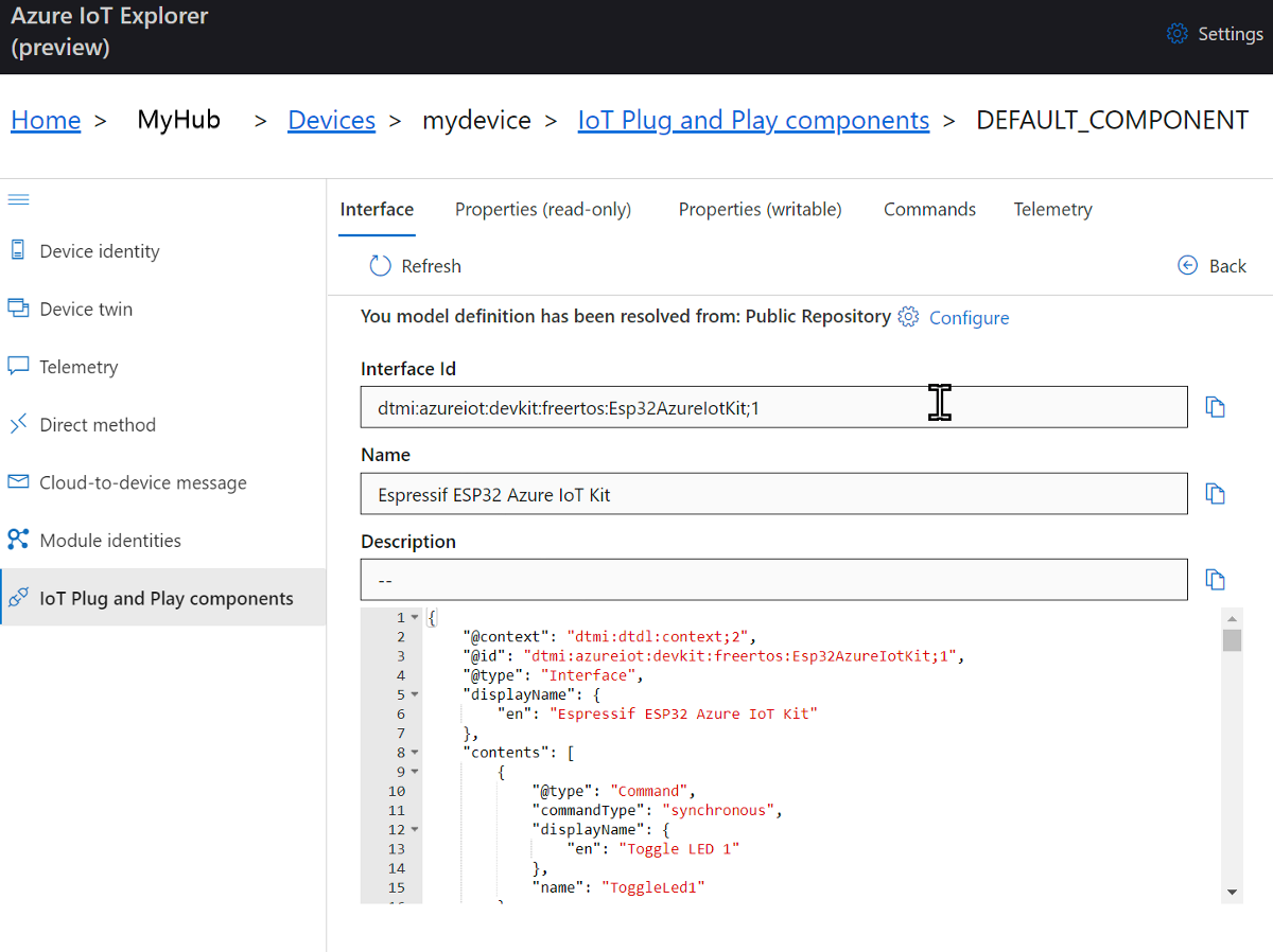 Screenshot: Standardkomponente des Geräts in IoT Explorer