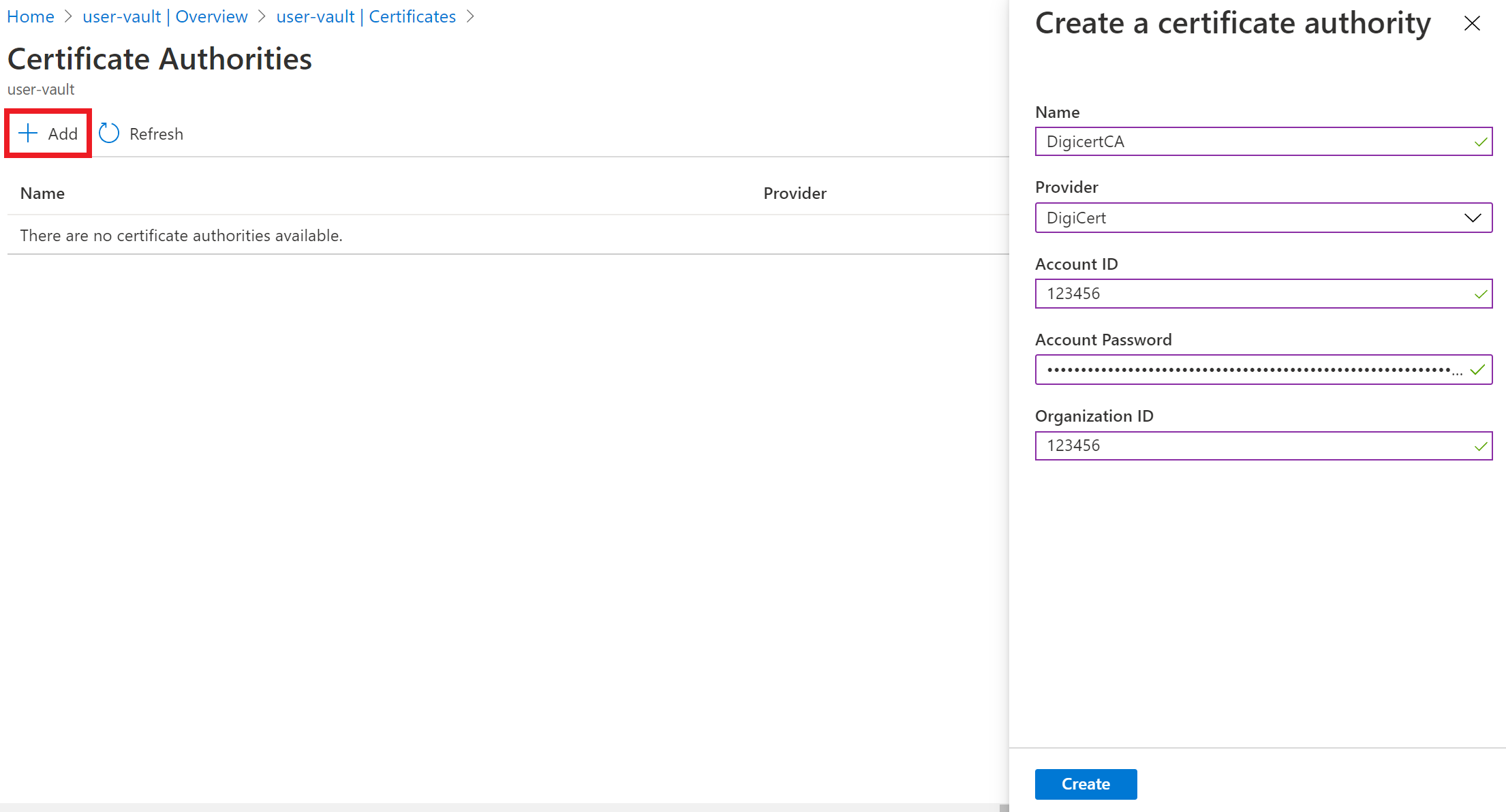 Screenshot der Schaltfläche „Hinzufügen“ auf der Registerkarte „Zertifizierungsstellen“