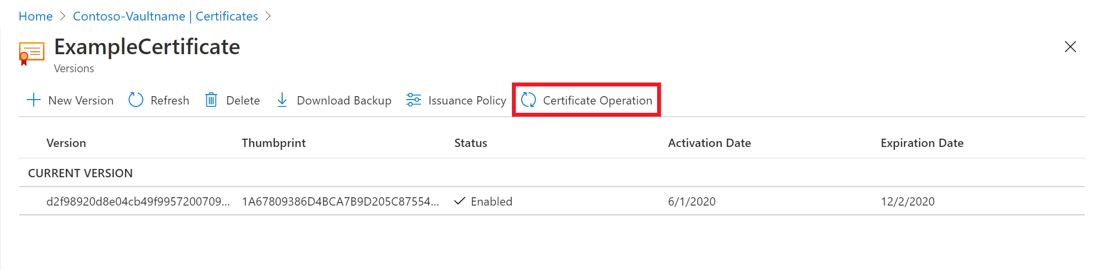 Screenshot der Registerkarte „Zertifikatvorgang“.