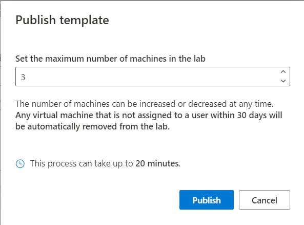 Screenshot des Fensters „Vorlage veröffentlichen“, in dem Sie die Labkapazität angeben können (Anzahl der Lab-VMs im Lab)