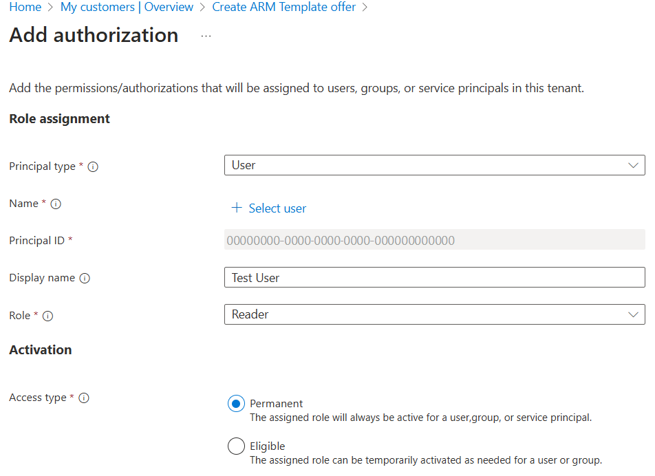 Screenshot des Abschnitts „Autorisierung hinzufügen“ im Azure-Portal
