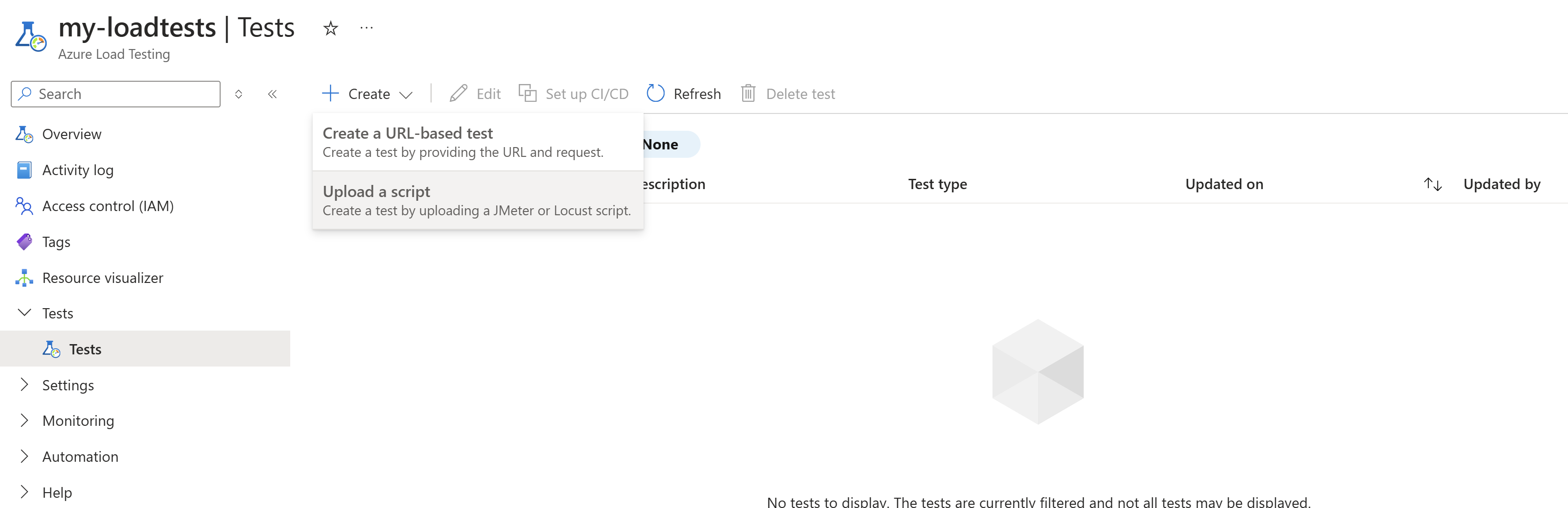 Der Screenshot zeigt die Seite Azure Load Testing und die Schaltfläche zum Erstellen eines neuen Tests.