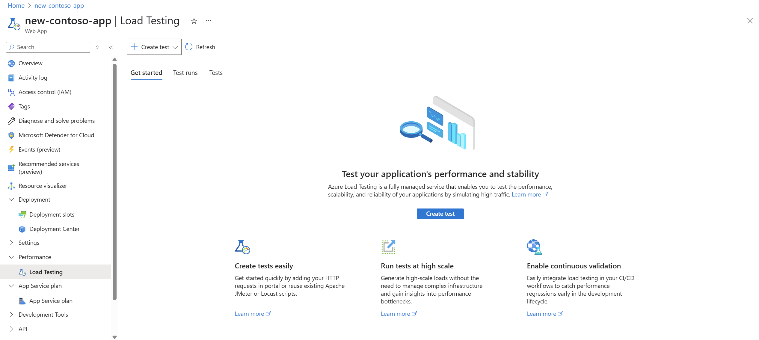Screenshot der Seite „Auslastungstest“ in App Service.