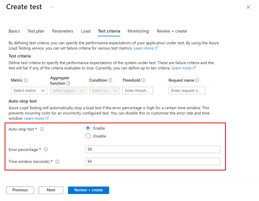 Screenshot des Bereichs „Testkriterien“ für einen Auslastungstest im Azure-Portal, in dem die Funktion zum automatischen Beenden hervorgehoben wird