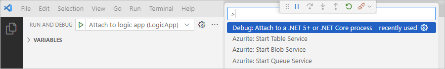 Screenshot: Liste „Ausführen und Debuggen“ mit ausgewählter Option „An .NET Functions anfügen“ und Schaltfläche „Wiedergeben“.
