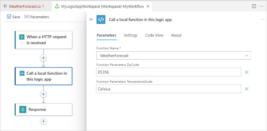 Screenshot: Visual Studio Code, Workflow-Designer und Standardworkflow mit Trigger und Aktionen.