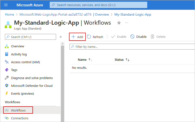 Screenshot des Menüs der Logik-App-Ressource mit aktivierter Option „Workflows“ und der ausgewählten Option „Hinzufügen“ in der Symbolleiste