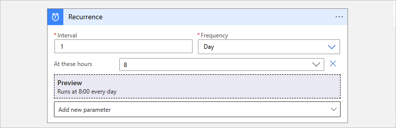 Screenshot des Azure-Portals mit Verbrauchsworkflow und eingerichteten Parametern für den Wiederholungstrigger