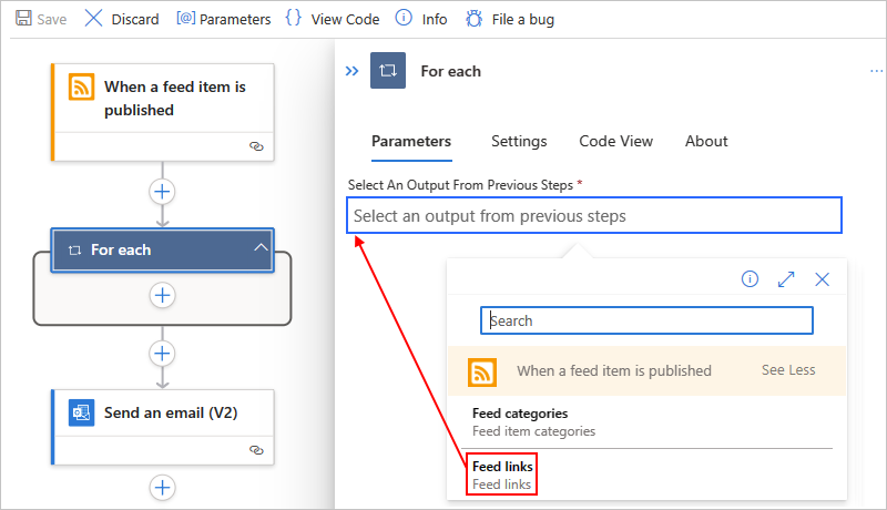 Screenshot des Azure-Portals, des Designers für den Workflow im Tarif „Standard“, einer „For each“-Aktion und der geöffneten Liste mit dynamischen Inhalten