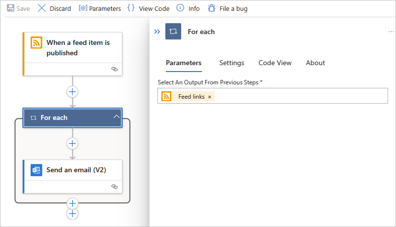 Screenshot eines Standardworkflows, einer „For each“-Aktion und einer Aktion „E-Mail senden“ innerhalb der „For each“-Schleife