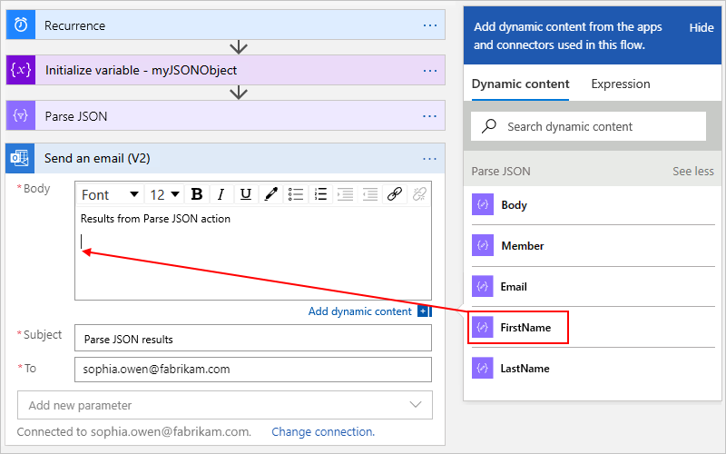 Screenshot showing a Consumption workflow with JSON properties in the 