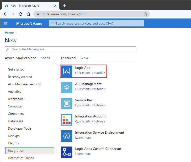 Screenshot: Azure Marketplace-Menü mit den ausgewählten Optionen „Integration“ und „Logik-App“