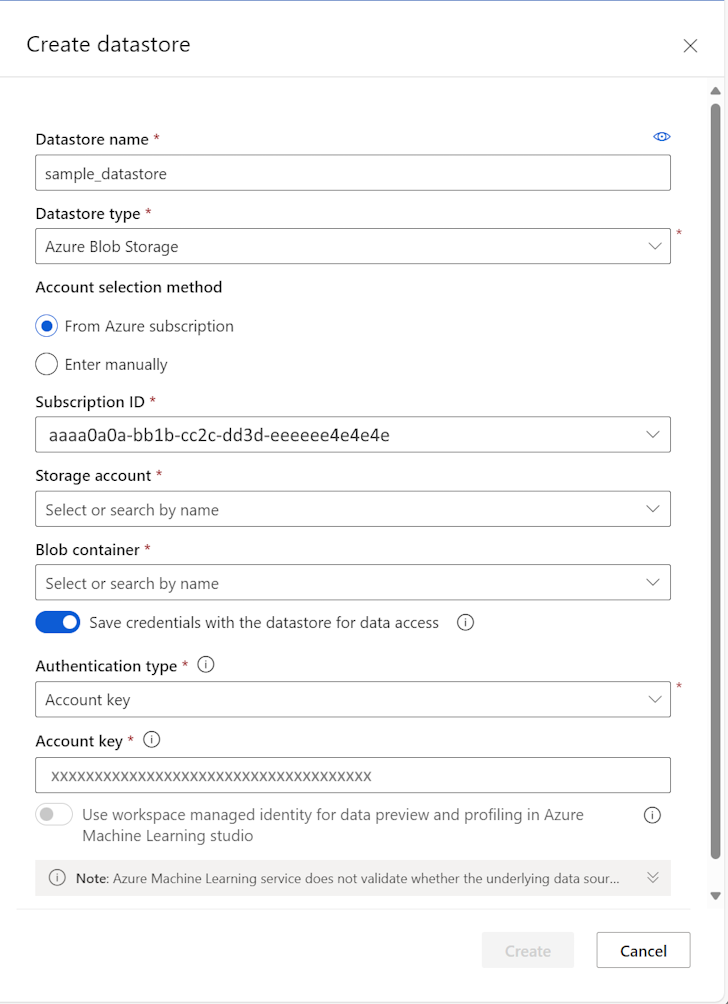 Screenshot des Erstellungsbereichs „Azure-Blobdatenspeicher“.