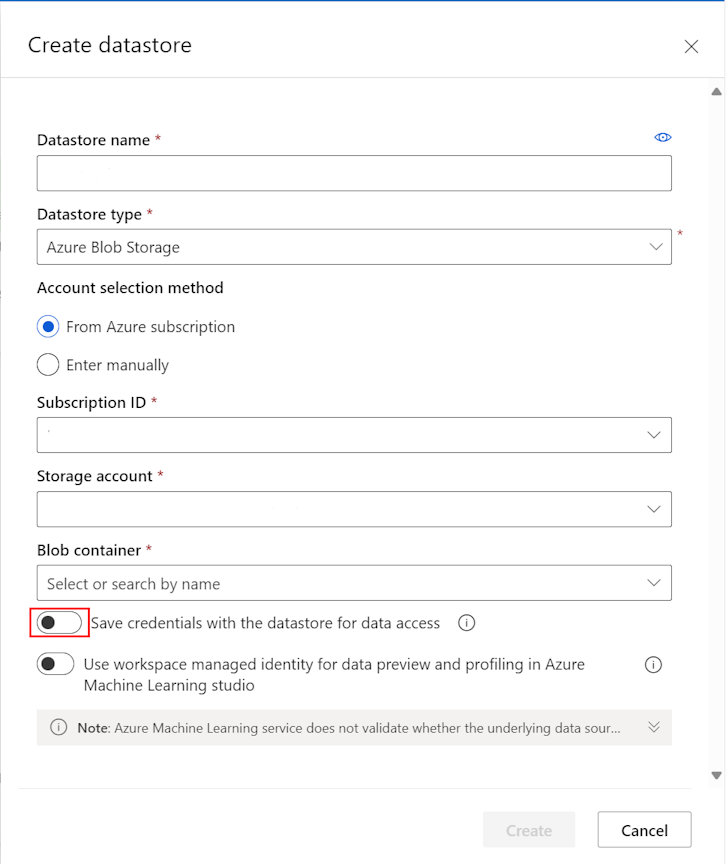 Screenshot des Erstellungsbereichs „Azure-Blobdatenspeicher“.