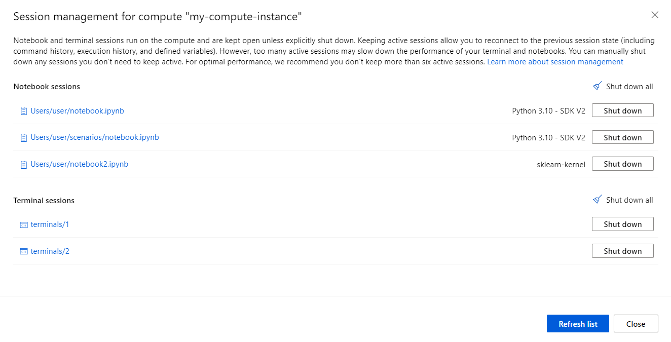 Screenshot des Verwaltungsbereichs für Computesitzungen.
