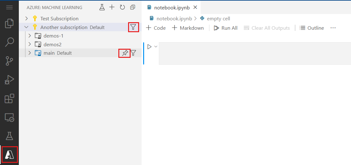 Screenshot, der zeigt, wie Sie im VS Code-Fenster filtern und anheften.