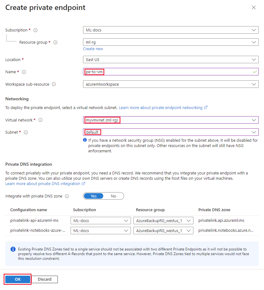 Screenshot: Formular „Privaten Endpunkt erstellen“