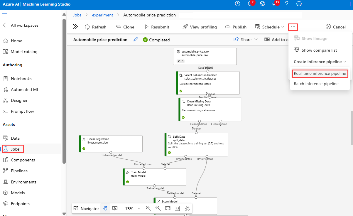 Screenshot: Pipeline zum Erstellen von Rückschlüssen auf der Seite mit den Details zum Pipelineauftrag