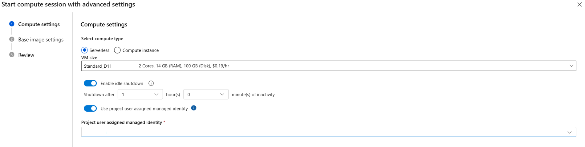 Screenshot, der die Umschaltfläche zur Verwendung einer benutzerseitig zugewiesenen verwalteten Identität für den Arbeitsbereich anzeigt.