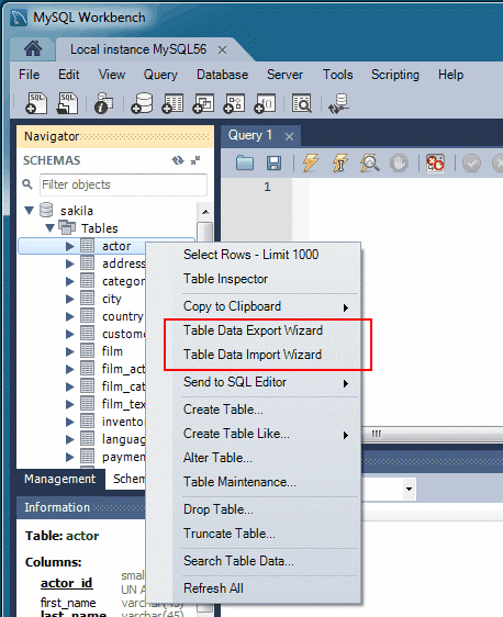 Screenshot der Befehle der Export- und Import-Assistenten von MySQL Workbench im Kontextmenü des Objektbrowsers.