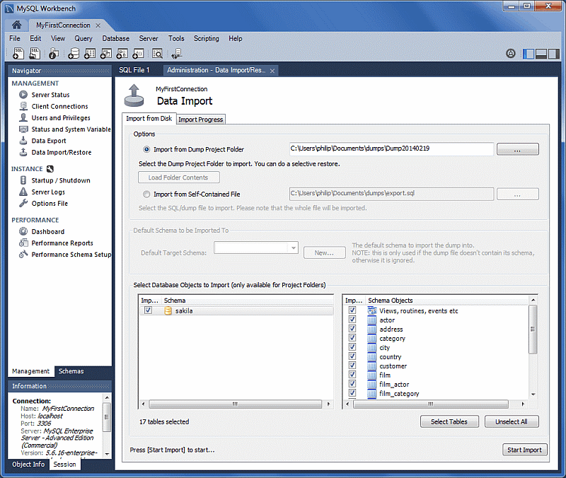 Screenshot der Verwendung des Navigatorbereichs zum Anzeigen des Bereichs „Datenimport“ in MySQL Workbench.