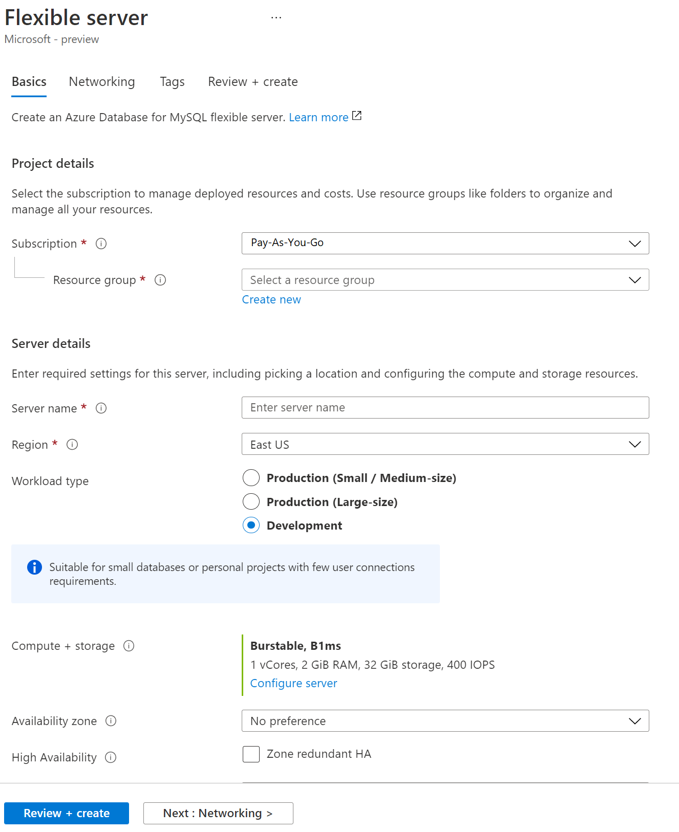 Screenshot: Registerkarte „Grundeinstellungen“ auf der Seite „Flexibler Server“