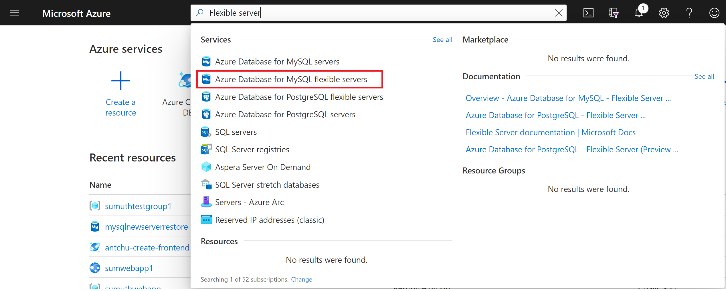 Screenshot: Suchen nach „Azure Database for MySQL-Server“