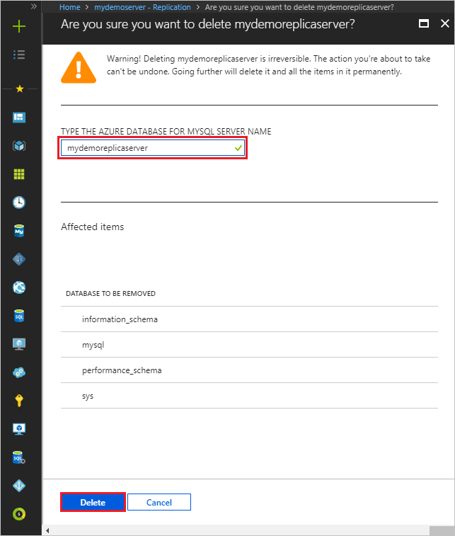 Azure Database for MySQL: Bestätigen der Replikatlöschung
