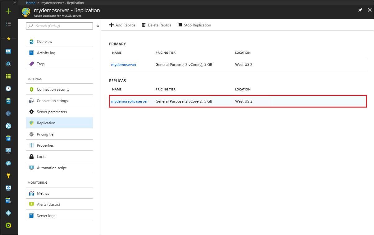 Azure Database for MySQL: Replikat löschen, Auswählen des Servers