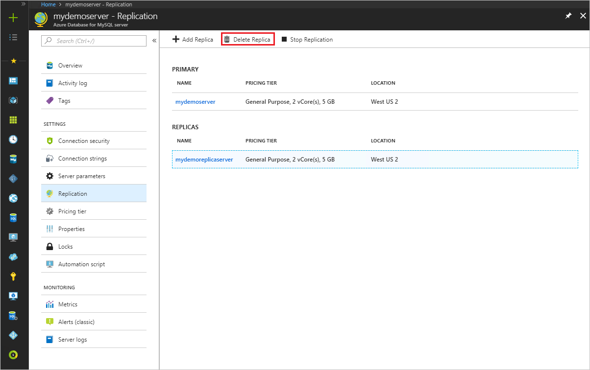 Azure Database for MySQL: Replikat löschen