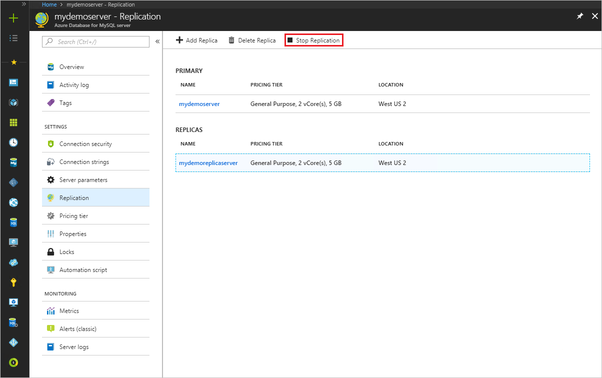 Azure Database for MySQL: Replikation beenden