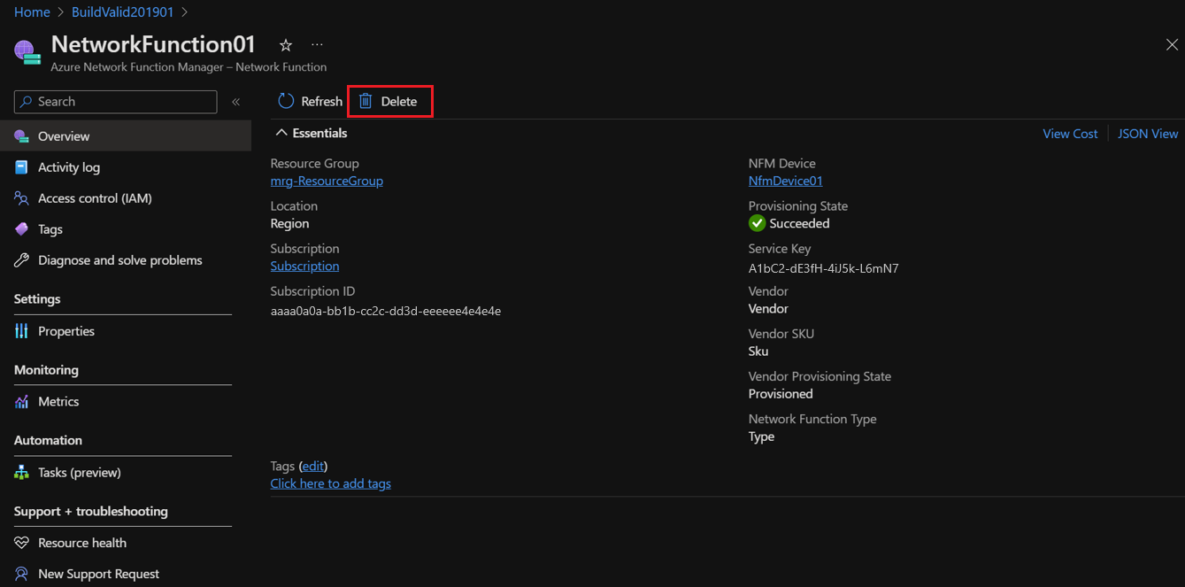 Screenshot: Löschen einer Netzwerkfunktion