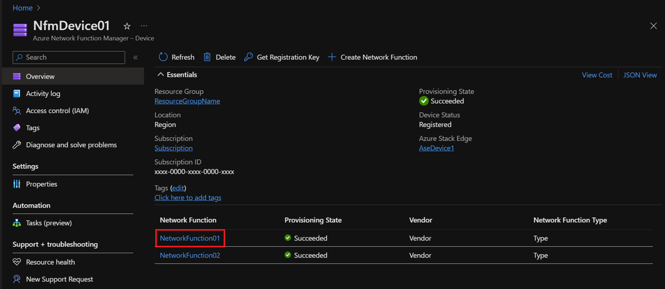 Screenshot: Auswählen einer Netzwerkfunktion