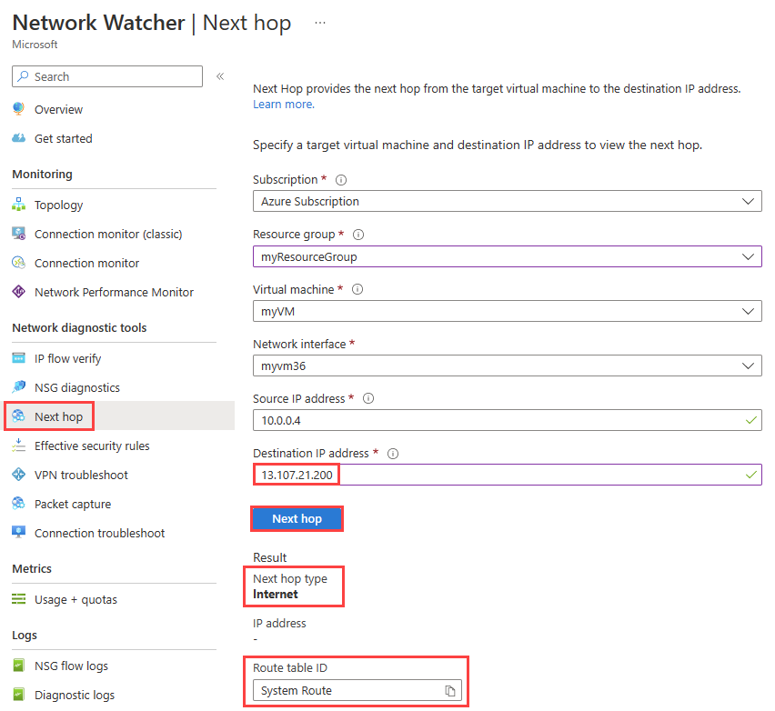 Screenshot des Testens der Kommunikation mit www.bing.com mithilfe der Funktion „Nächster Hop“ von Azure Network Watcher.
