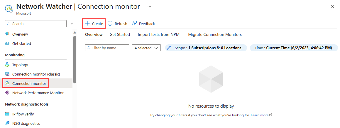 Screenshot, die die Seite „Verbindungsmonitor“ im Azure-Portal zeigt.