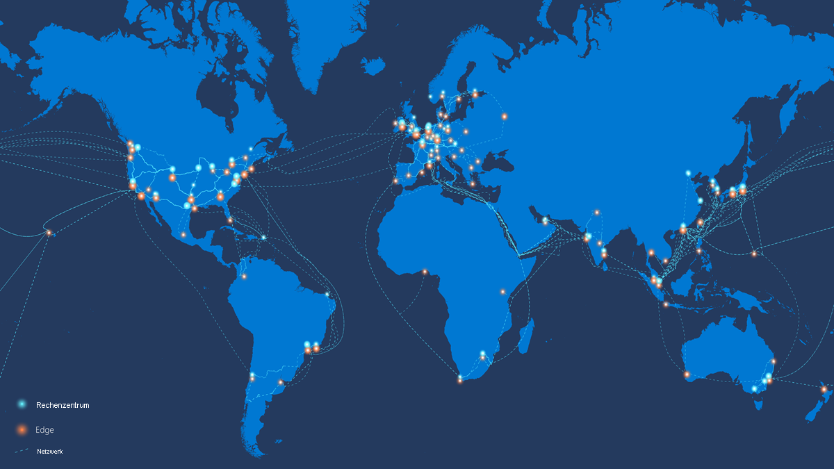 Diagramm des globalen Microsoft-Netzwerks, das Azure-Rechenzentren und Edge-Nodes weltweit verbindet.