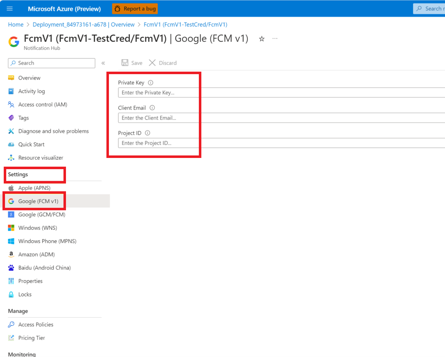 Screenshot der Optionen der Azure-Portal-Firebase-Anmeldeinformationen.
