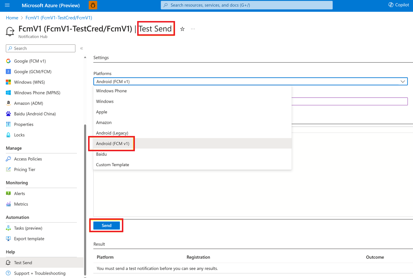 Screenshot der Seite zum Senden von Azure-Portaltests.
