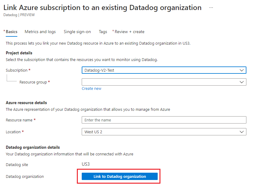 Verknüpfen mit vorhandener Datadog-Organisation.