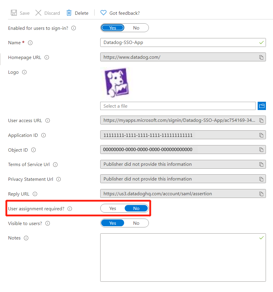 Set properties for the Datadog application